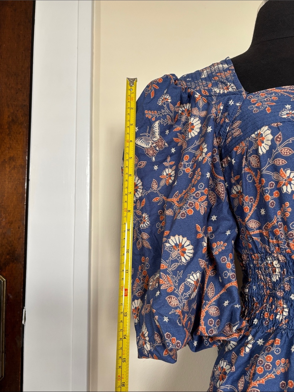 House of Harlow Navy Blue Orange Floral Puff-Sleeve Smocked Mini Dress - Picture 9 of 13